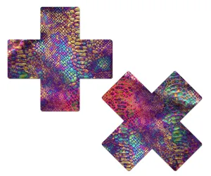 PASTEASE PLUS X NEON RAINBOW TIE DYE SNAKE PRINT CROSS NIPPLE PASTIES
